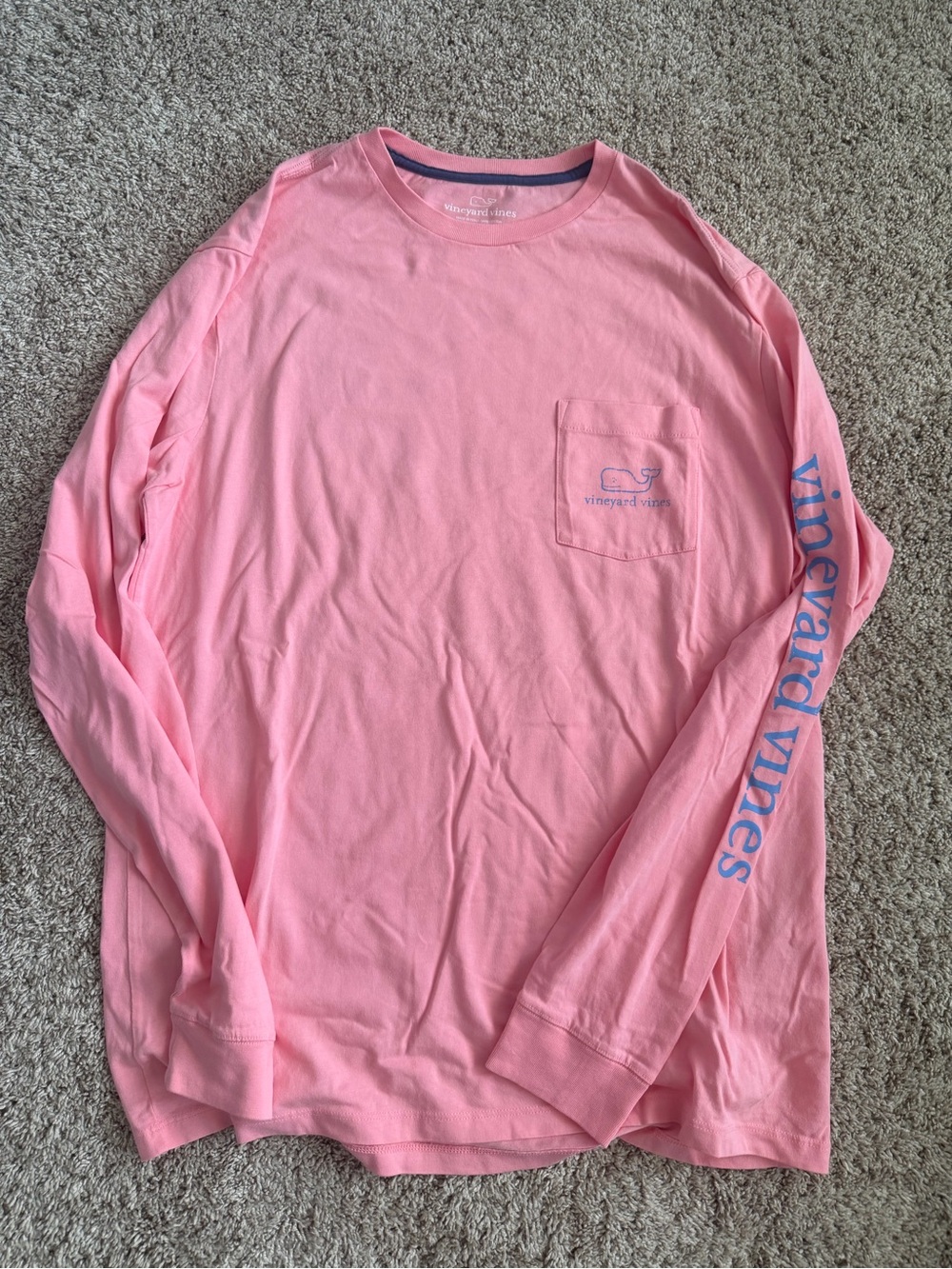 Vineyard Vines Pink Long-Sleeve Pocket Tee with Blue Sleeve Logo